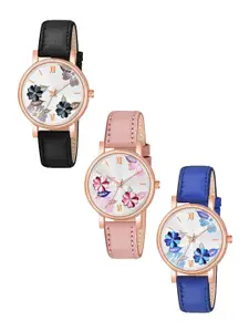 THE SHOPOHOLIC Women Pack Of 3 Printed Dial & Leather Straps Analogue Watch K-B-P-BL