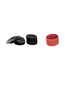 Somil Set of 28 Black & Red Glass Artificial Stones And Beaded Bangles Set