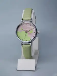 THE SHOPOHOLIC Women Round Printed Dial & Leather Straps Analogue Watch AB-GREEN