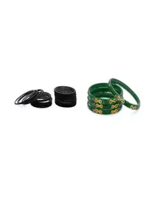 SOMIL Set of 28 Black and Green Glass Artificial Stones Bangles