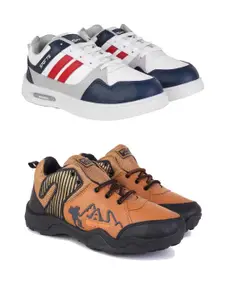 PENNEN Men Set Of 2 White & Tan Synthetic Lace-Ups Non-Marking Running Shoes