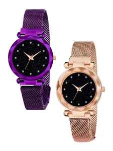 THE SHOPOHOLIC Women Pack Of 2 Embellished Analogue Watch Purple-Coper