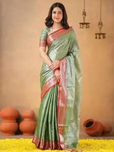 Trendmalls Women Tissue Cotton Saree with Unstitched Blouse Piece