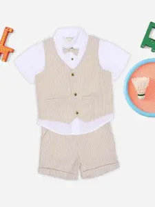Pantaloons Baby Infants Boys Pure Cotton Shirt With Striped Shorts & Waistcoat