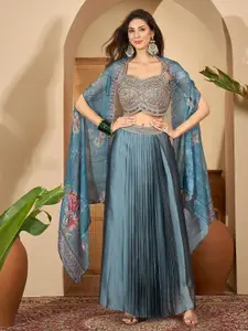 Sangria Floral Embroidered Sleeveless Satin Ready to Wear Drape Lehenga & Choli With Shrug