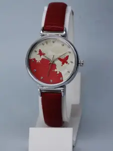 THE SHOPOHOLIC Women Printed Dial & Leather Straps Analogue Watch AB-RED