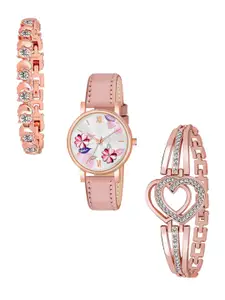 THE SHOPOHOLIC Women Pack of 3 Printed Dial & Leather Straps Analogue Watch K-PINK-2BR