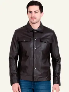 Leather Retail Men Spread Collar Solid Lightweight Leather Jacket