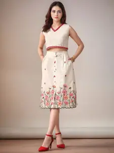 Sangria Women Floral Embroidered Pure Cotton Laced Crop Top & Pleated Skirt Co-Ord Set