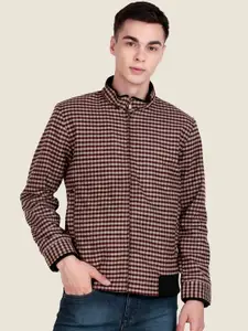 Leather Retail Men Mock Collar Checked Lightweight Woollen Bomber Jacket