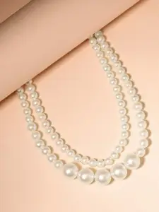 MANSIYAORANGE Rhodium-Plated 2 Layer Pearls Beaded Layered Statement Necklace