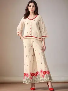 Sangria Thread Floral Embroidered Pure Cotton Laced Shirt-Style Top & Trousers Co-Ord Set