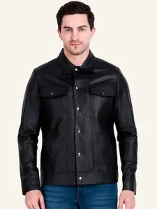 Leather Retail Men Spread Collar Solid Lightweight Leather Jacket
