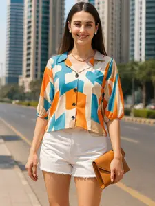 DressBerry Women Classic Boxy Fit Abstract Printed Cuban Collar Casual Shirt