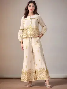 Sangria Women Ethnic Motif Embroidered Pure Cotton Laced Shirt Top & Trousers Co-Ord Set