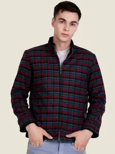 Leather Retail Men Mock Collar Checked Lightweight Woollen Bomber Jacket