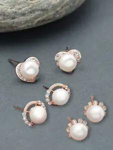 Zaveri Pearls Set Of 3 Rose Gold-Plated Cubic Zirconia Studded & Beaded Circular Studs
