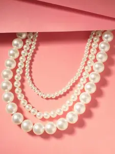 MANSIYAORANGE Rhodium Plated Pearls Beaded Layered Statement Necklace