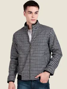 Leather Retail Checked Stand Collar Woollen Lightweight Tailored Jacket