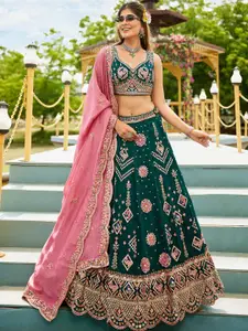panchhi Embroidered Sweetheart Neck Sequinned Semi-Stitched Lehenga & Blouse With Dupatta