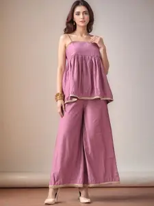 Sangria Self Design Shoulder Strap Peplum Top & Trousers Co-Ords