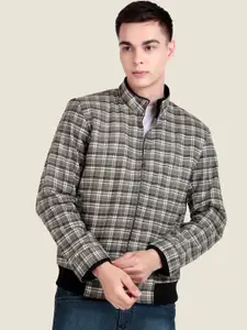 Leather Retail Men Mock Collar Checked Lightweight Woollen Bomber Jacket