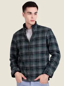 Leather Retail Men Mock Collar Checked Lightweight Woollen Bomber Jacket