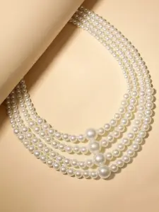 MANSIYAORANGE Rhodium Plated Pearls Beaded Layered Statement Necklace