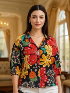DressBerry Women Classic Boxy Fit Floral Printed Cuban Collar Casual Shirt