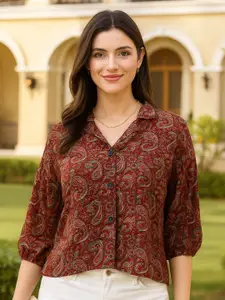 DressBerry Women Classic Boxy Fit Paisley Printed Cuban Collar Casual Shirt