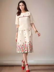 Sangria Thread Floral Embroidered Pure Cotton Top & Pleated Skirt Co-Ord Set