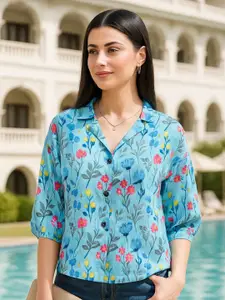 DressBerry Women Classic Boxy Fit Floral Printed Cuban Collar Casual Shirt