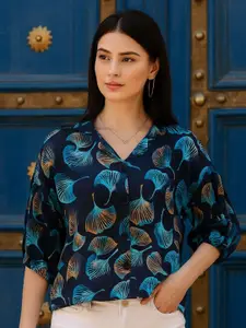 DressBerry Women Classic Boxy Fit Abstract Printed Cuban Collar Casual Shirt