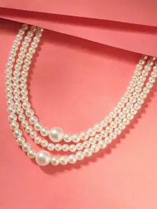 MANSIYAORANGE Rhodium-Plated 3 Layer Pearls Beaded Layered Statement Necklace