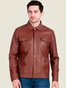 Leather Retail Men Spread Collar Solid Lightweight Leather Jacket