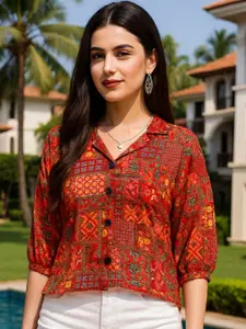 DressBerry Women Classic Boxy Fit Ethnic Motifs Printed Cuban Collar Casual Shirt