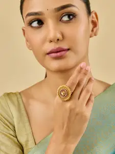 Kushal's Fashion Jewellery Ruby-Green Gold-Plated Ethnic Antique Finger Ring