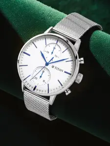 Titan Men White Printed Dial & Steel Toned Stainless Steel Bracelet Style Straps Analogue Watch