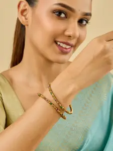 Kushal's Fashion Jewellery Set Of 2 Ruby-Green Gold-Plated Ethnic Antique Bangles