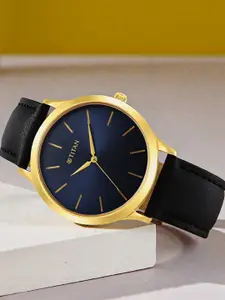 Titan Men Blue Brass Dial & Black Leather Straps Analogue Watch 1825YL05-Black Colour