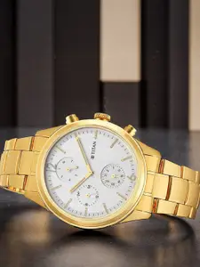 Titan Men Gold-Toned Brass Mother of Pearl Dial & Stainless Steel Bracelet Style Straps Analogue Watch