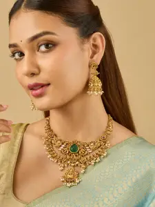 Kushal's Fashion Jewellery Ruby-Green Gold-Plated Ethnic Antique Necklace