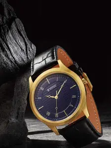 Titan Men Brass Dial & Leather Textured Straps Analogue Watch 1823YL02