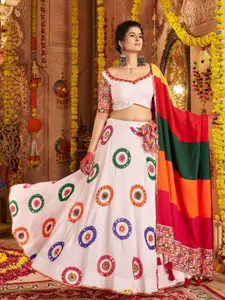 ODETTE Embroidered Sweetheart Neck Mirror Work Semi-Stitched Lehenga & Blouse With Dupatta