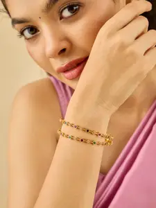 Kushal's Fashion Jewellery Set Of 2 Ruby-Green Gold-Plated Ethnic Antique Bangles