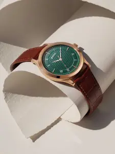 Titan Men Brass Dial & Leather Textured Straps Analogue Watch 1823WL02