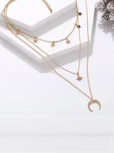 DressBerry Women Gold-Plated Three Layered Moon Pendant Hanging Stars Chain
