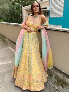 ODETTE Embroidered Mirror Work Semi-Stitched Lehenga & Blouse With Dupatta