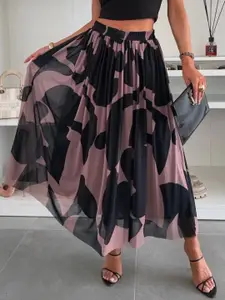 Outzidr Printed Pleated Flared Maxi Skirt