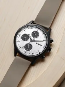 Titan Men White Brass Dial & Grey Leather Straps Analogue Multi Function Watch 1803NL02